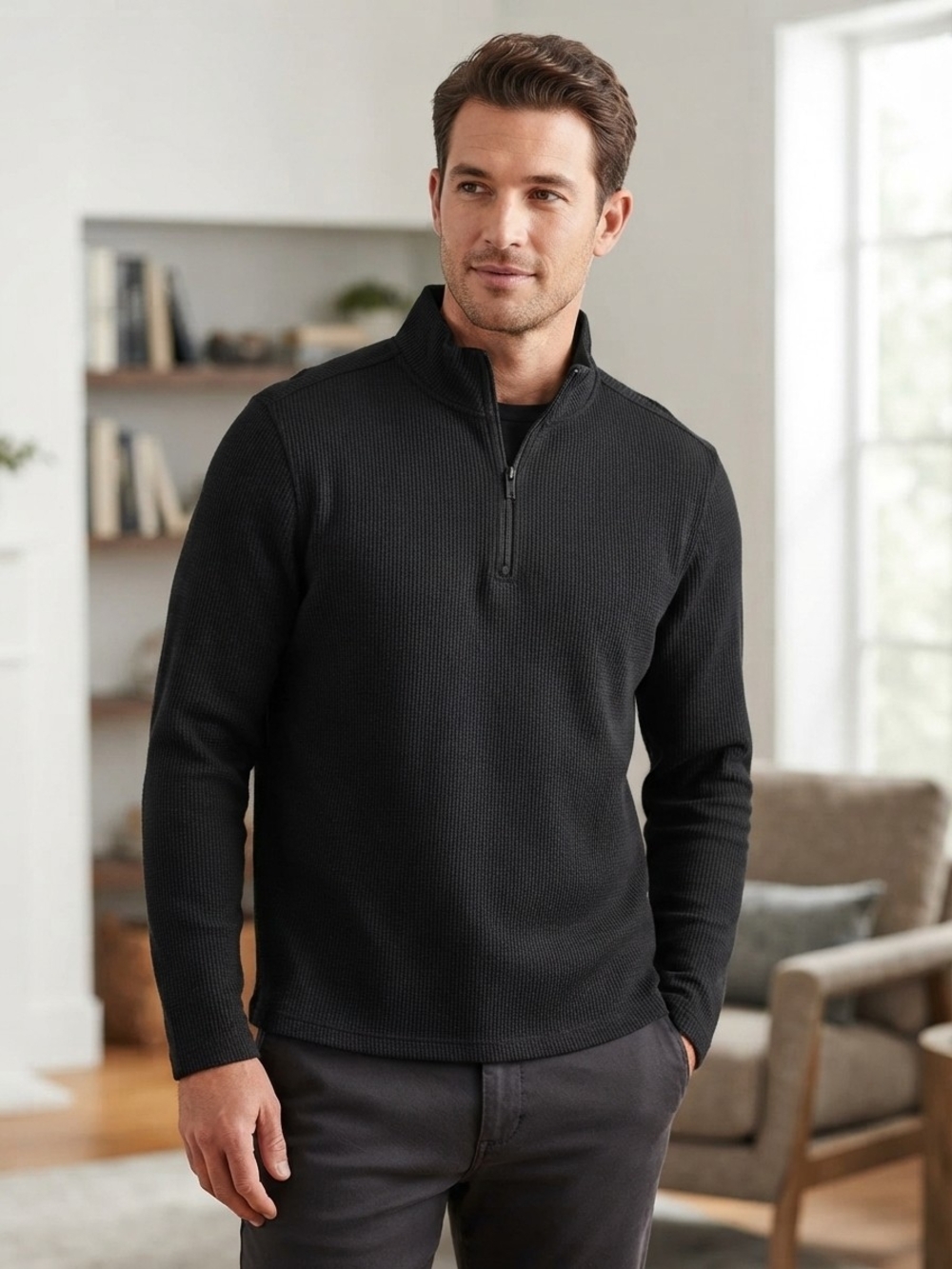 Men's Black Half-Zip Waffle Knit Sweater Size M